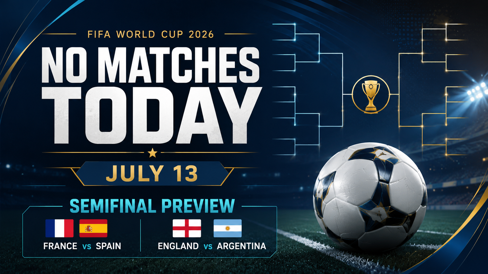 FIFA World Cup 2026 no matches today graphic for Monday, July 13 previewing the semifinals between France vs Spain and England vs Argentina