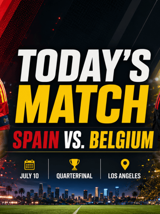 FIFA World Cup 2026 today’s match graphic for Friday, July 10 showing Spain vs Belgium in the quarterfinals in Los Angeles