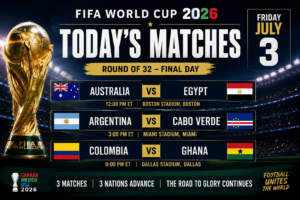FIFA World Cup 2026 today’s matches graphic for Friday, July 3 showing Australia vs Egypt, Argentina vs Cabo Verde and Colombia vs Ghana in the final day of the Round of 32