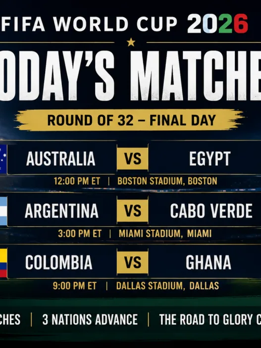 FIFA World Cup 2026 today’s matches graphic for Friday, July 3 showing Australia vs Egypt, Argentina vs Cabo Verde and Colombia vs Ghana in the final day of the Round of 32