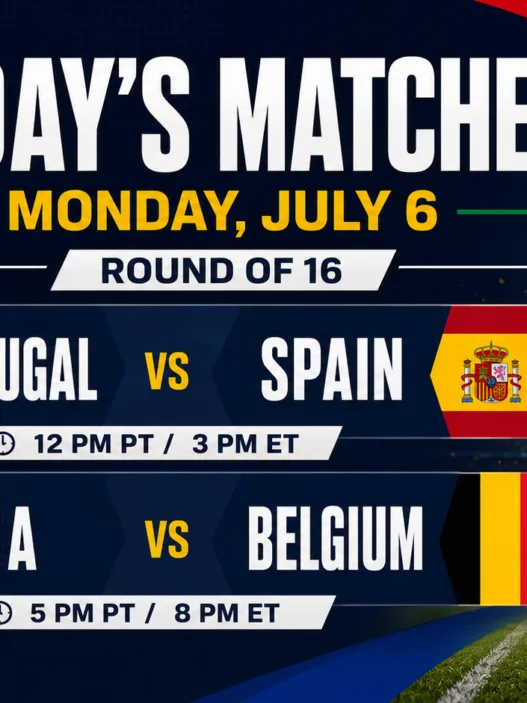 FIFA World Cup 2026 today’s matches graphic for Monday, July 6 showing Portugal vs Spain and USA vs Belgium in the Round of 16