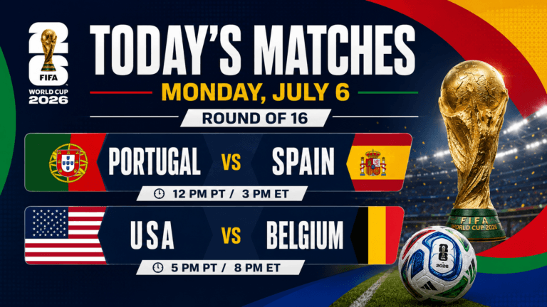 FIFA World Cup 2026 today’s matches graphic for Monday, July 6 showing Portugal vs Spain and USA vs Belgium in the Round of 16
