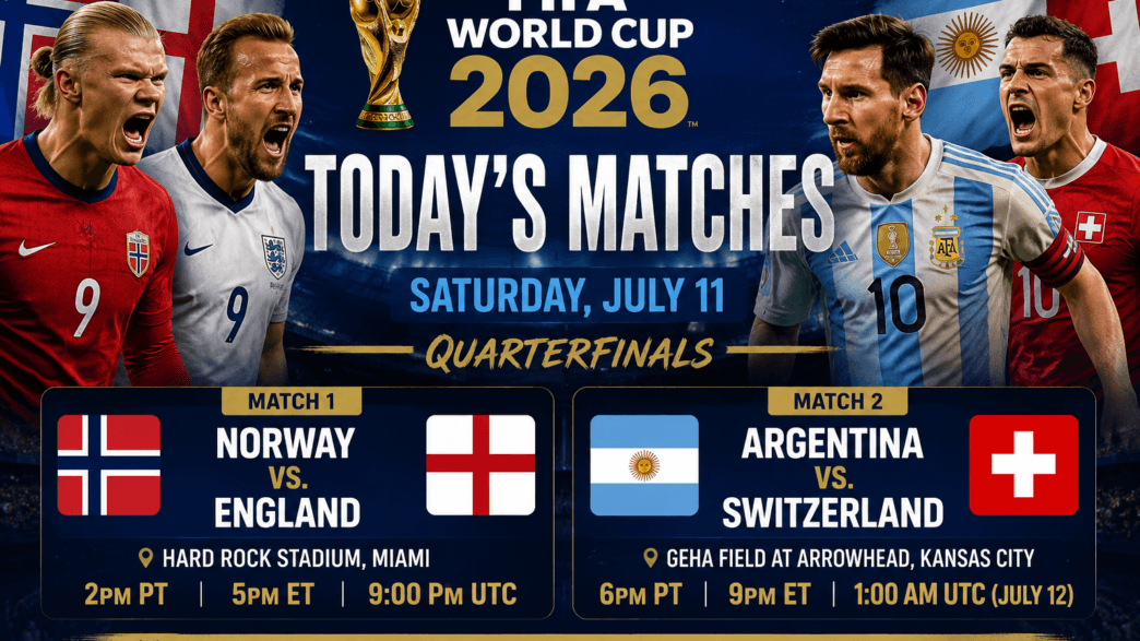 FIFA World Cup 2026 today’s matches graphic for Saturday, July 11 showing Norway vs England and Argentina vs Switzerland in the quarterfinals