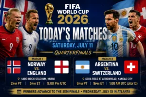 FIFA World Cup 2026 today’s matches graphic for Saturday, July 11 showing Norway vs England and Argentina vs Switzerland in the quarterfinals