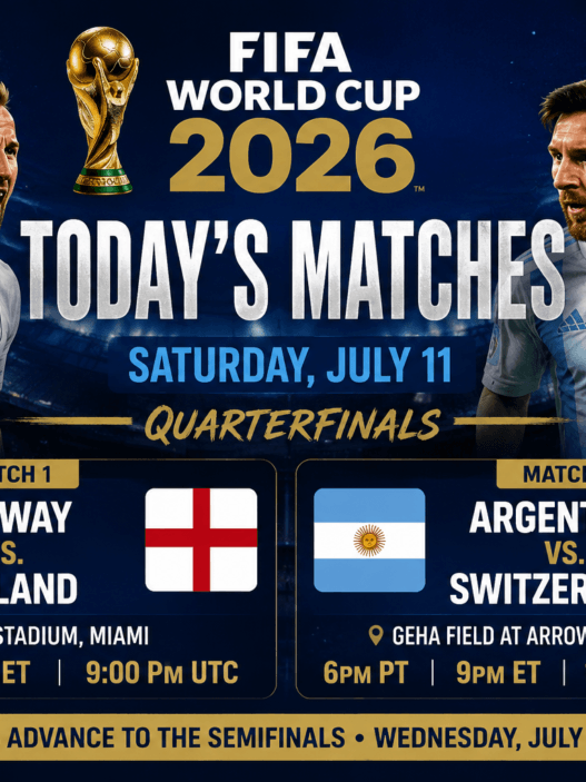 FIFA World Cup 2026 today’s matches graphic for Saturday, July 11 showing Norway vs England and Argentina vs Switzerland in the quarterfinals