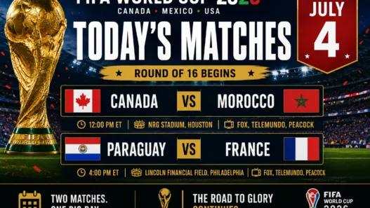 FIFA World Cup 2026 today’s matches graphic for Saturday, July 4 showing Canada vs Morocco and Paraguay vs France opening the Round of 16