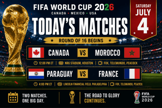 FIFA World Cup 2026 today’s matches graphic for Saturday, July 4 showing Canada vs Morocco and Paraguay vs France opening the Round of 16