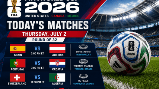 FIFA World Cup 2026 today’s matches graphic for Thursday, July 2 showing Spain vs Austria, Portugal vs Croatia and Switzerland vs Algeria in the Round of 32