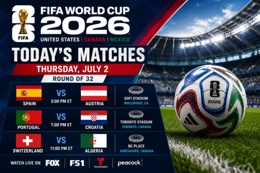 FIFA World Cup 2026 today’s matches graphic for Thursday, July 2 showing Spain vs Austria, Portugal vs Croatia and Switzerland vs Algeria in the Round of 32
