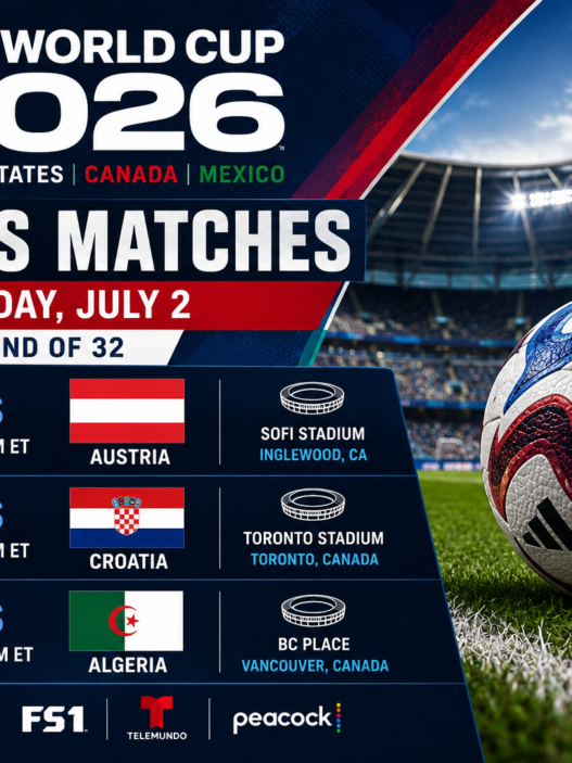 FIFA World Cup 2026 today’s matches graphic for Thursday, July 2 showing Spain vs Austria, Portugal vs Croatia and Switzerland vs Algeria in the Round of 32