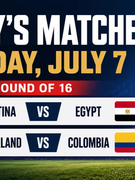 FIFA World Cup 2026 today’s matches graphic for Tuesday, July 7 showing Argentina vs Egypt and Switzerland vs Colombia closing the Round of 16