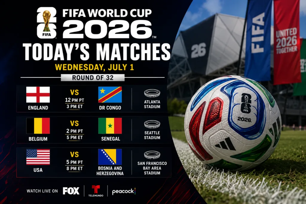 FIFA World Cup 2026 today’s matches graphic for Wednesday July 1 with England vs DR Congo Belgium vs Senegal and USA vs Bosnia and Herzegovina