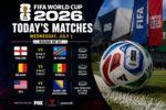 FIFA World Cup 2026 today’s matches graphic for Wednesday, July 1 showing England vs DR Congo, Belgium vs Senegal and USA vs Bosnia and Herzegovina