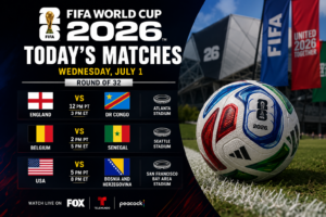FIFA World Cup 2026 today’s matches graphic for Wednesday, July 1 showing England vs DR Congo, Belgium vs Senegal and USA vs Bosnia and Herzegovina