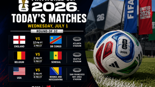 FIFA World Cup 2026 today’s matches graphic for Wednesday, July 1 showing England vs DR Congo, Belgium vs Senegal and USA vs Bosnia and Herzegovina