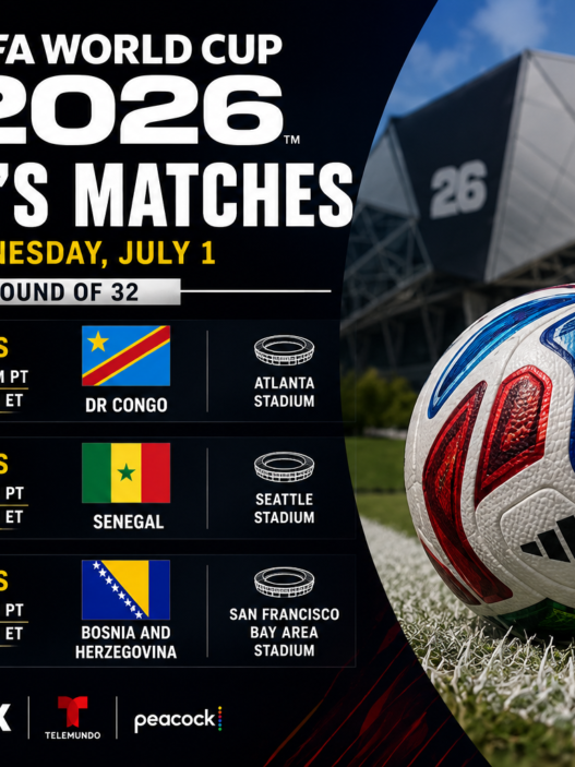 FIFA World Cup 2026 today’s matches graphic for Wednesday, July 1 showing England vs DR Congo, Belgium vs Senegal and USA vs Bosnia and Herzegovina