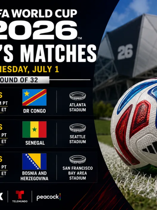FIFA World Cup 2026 today’s matches graphic for Wednesday, July 1 showing England vs DR Congo, Belgium vs Senegal and USA vs Bosnia and Herzegovina