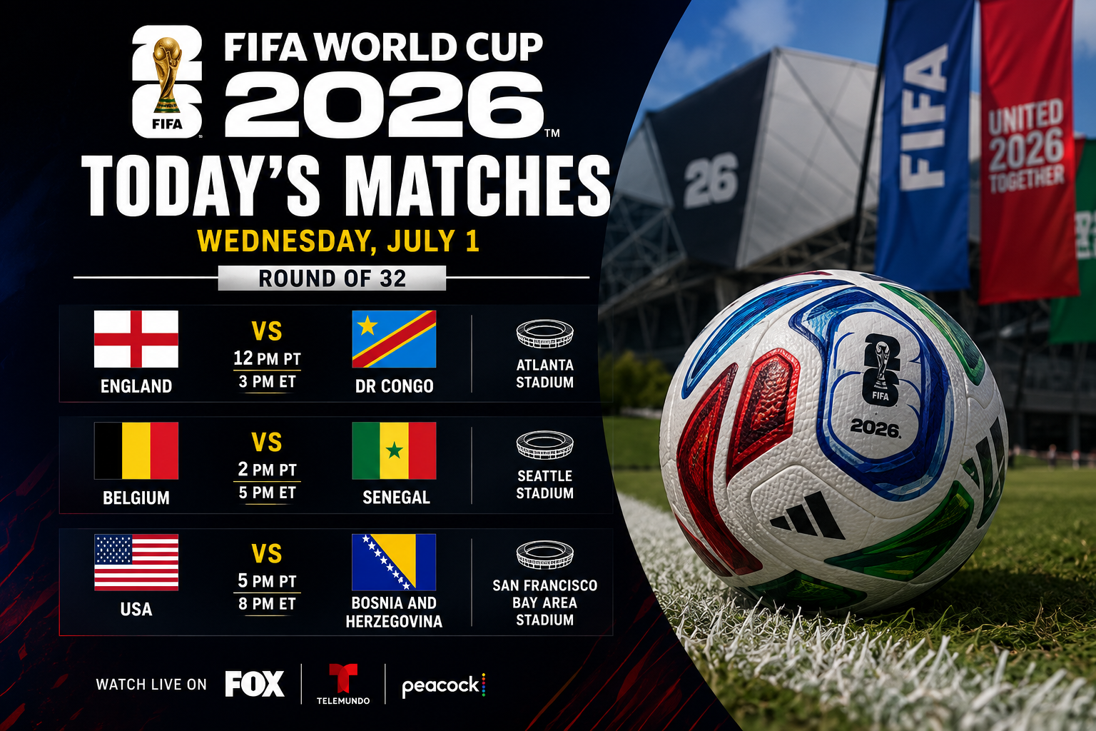 FIFA World Cup 2026 today’s matches graphic for Wednesday, July 1 showing England vs DR Congo, Belgium vs Senegal and USA vs Bosnia and Herzegovina