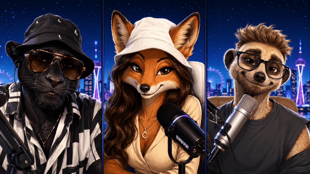 Headkrack as a black panther, Claudia Jordan as a fox and Tanner Thomason as a meerkat hosting Side Dish with microphones.