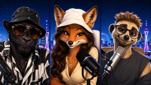 Headkrack as a black panther, Claudia Jordan as a fox and Tanner Thomason as a meerkat hosting Side Dish with microphones.