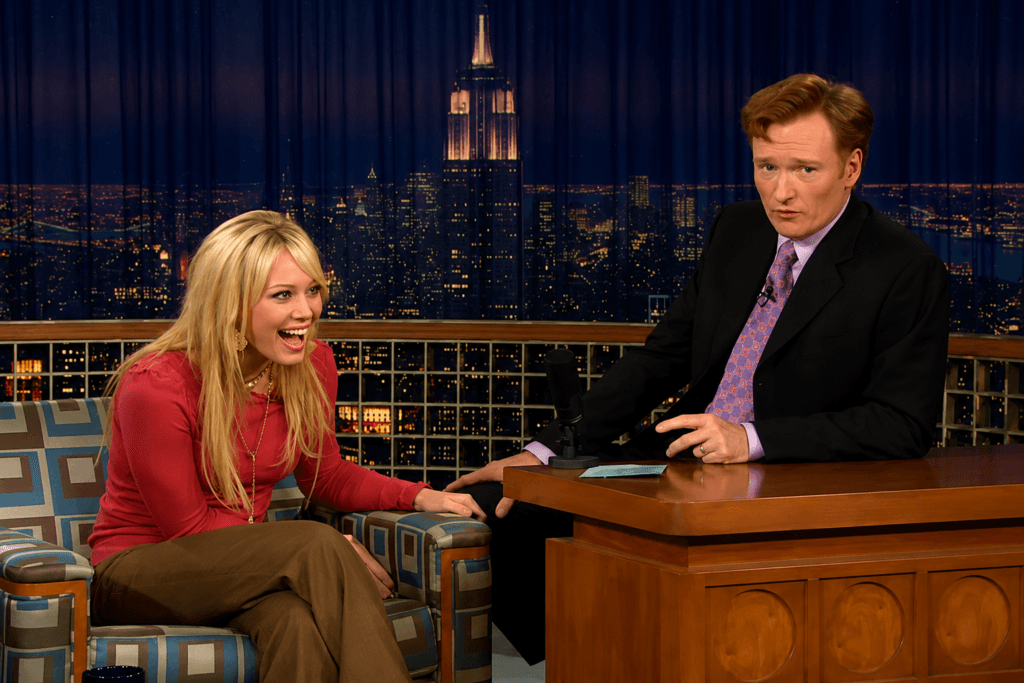 Hilary Duff laughing during her Late Night interview with Conan O’Brien