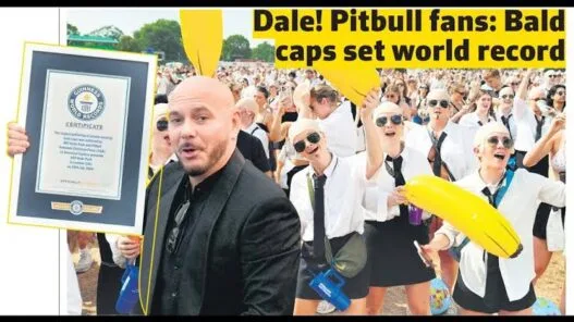 Pitbull fans wearing bald caps, aviator sunglasses and black suits during the Guinness World Record attempt at BST Hyde Park