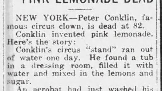 Vintage-style pink lemonade image for a Way Back Wednesday story about the circus clown origin legend.