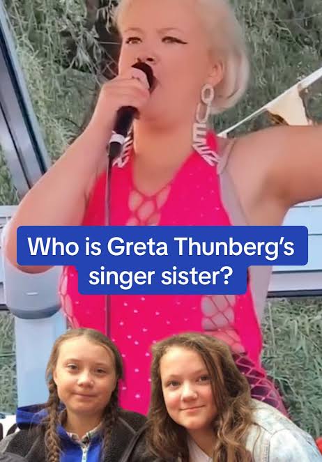 Singer Bea MonaLisa performing above a childhood photo with her older sister Greta Thunberg