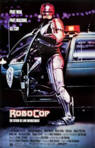 RoboCop stands beside a police car in the theatrical poster for the original 1987 film