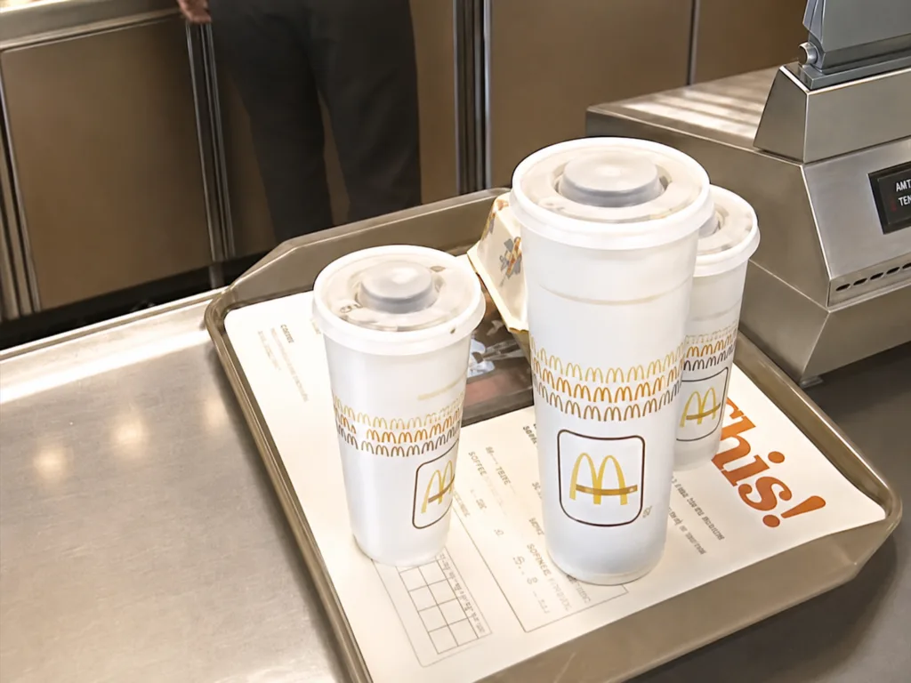 McDonald’s drink cups arranged on a serving tray inside the restaurant in 1990
