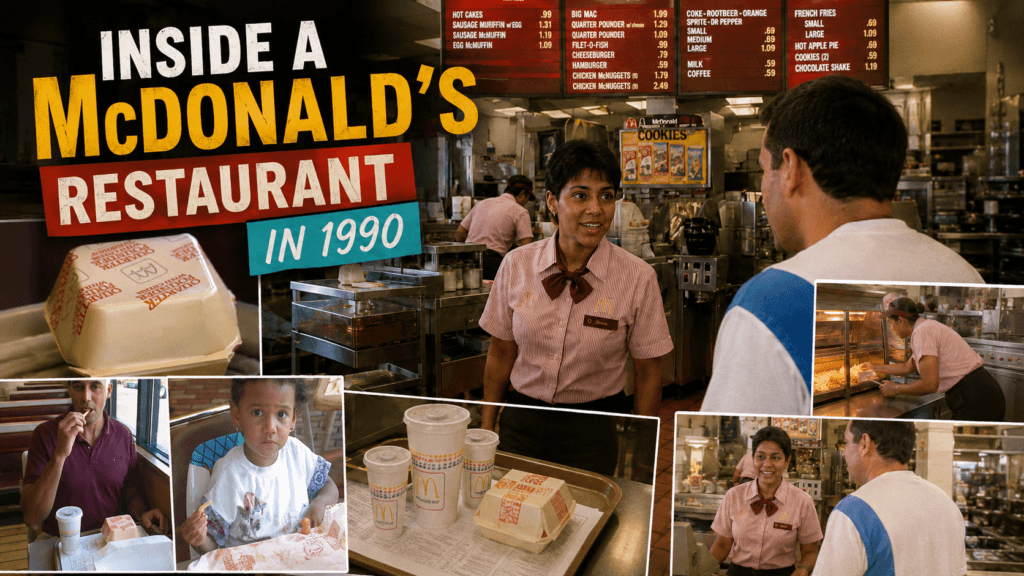 Inside a busy McDonald’s restaurant in 1990 with customers, employees and the service counter visible