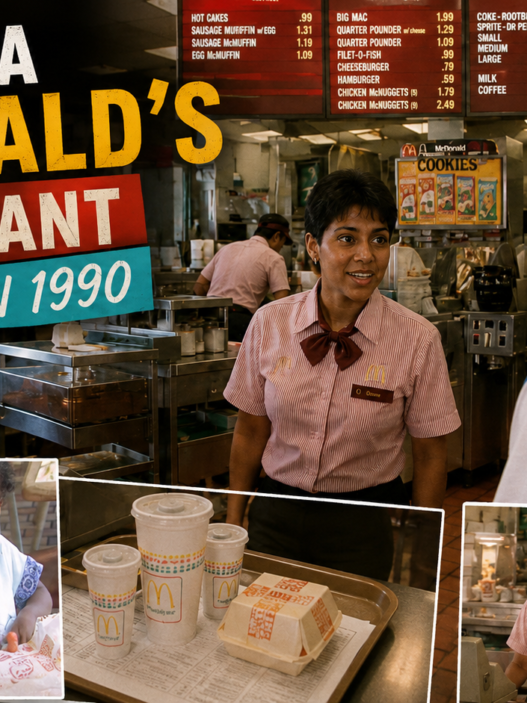 Inside a busy McDonald’s restaurant in 1990 with customers, employees and the service counter visible
