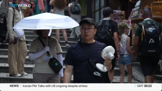 A man in Japan walks outdoors carrying a large home desk fan during extreme summer heat