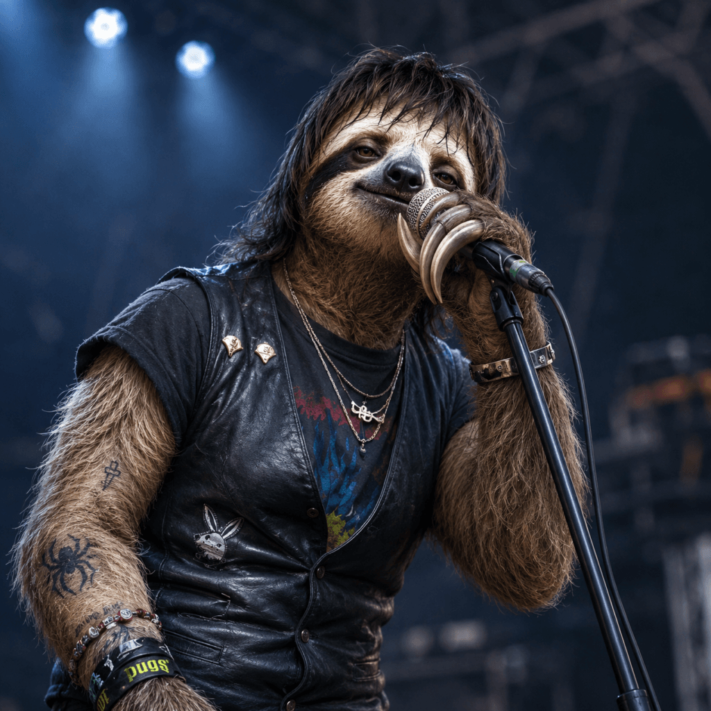 Julian Casablancas reimagined as a shaggy sloth singing into a microphone in a leather rock-and-roll outfit.