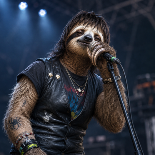 Julian Casablancas reimagined as a shaggy sloth singing into a microphone in a leather rock-and-roll outfit.