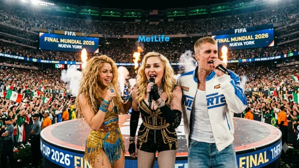 Justin Bieber, Shakira, and Madonna appear in a composite image for the FIFA World Cup 2026 Final Halftime Show announcement.