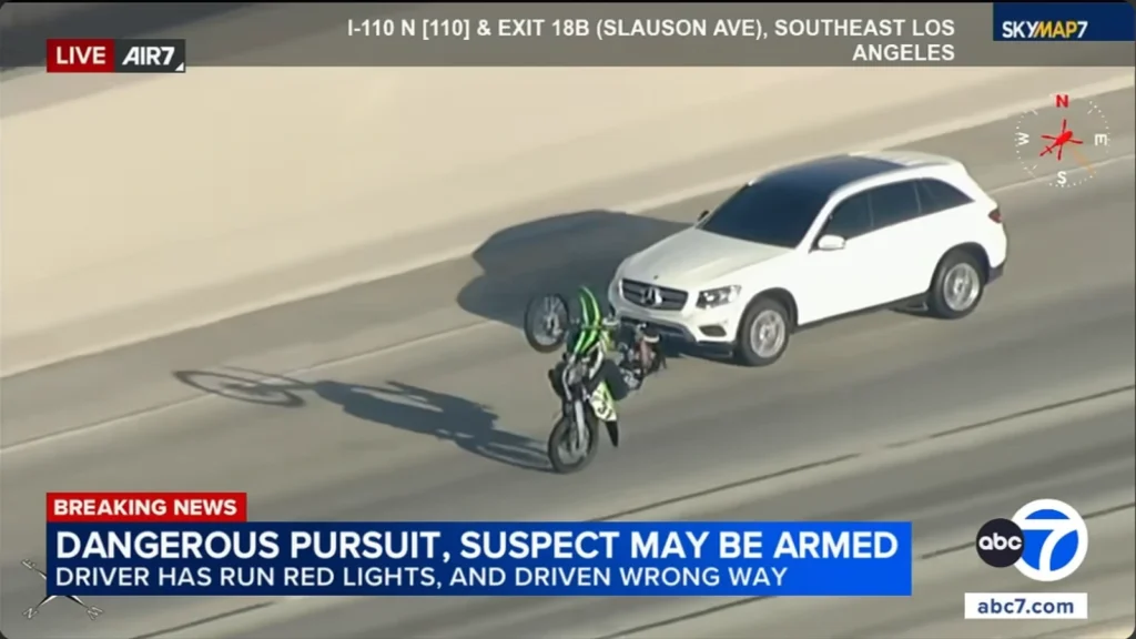 Only in L.A.: Biker Pulls a Wheelie Beside Fleeing Mercedes on the 110 Freeway