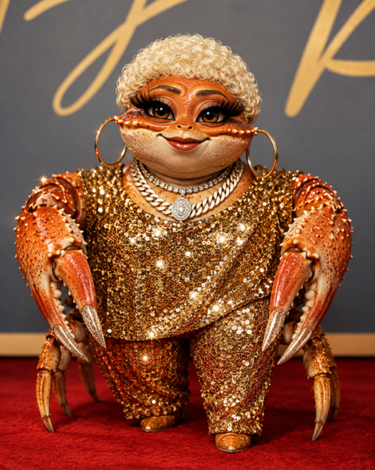Luenell reimagined as a glamorous Dungeness crab wearing gold sequins, jewelry and long sparkling nails.