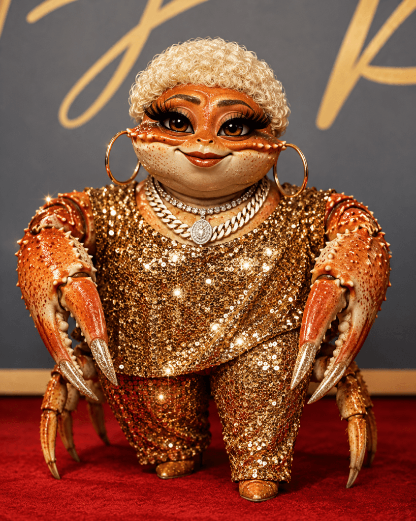 Luenell reimagined as a glamorous Dungeness crab wearing gold sequins, jewelry and long sparkling nails.