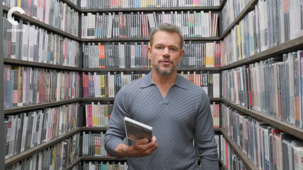 Matt Damon holds films selected during his Criterion Closet Picks episode