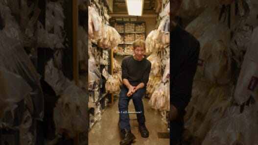 Tim Foster sits inside the New York City Ballet shoe room surrounded by rows of pointe shoes