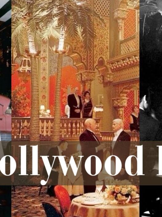 Collage of vintage Old Hollywood hotel scenes with glamorous guests, ornate interiors and nightlife