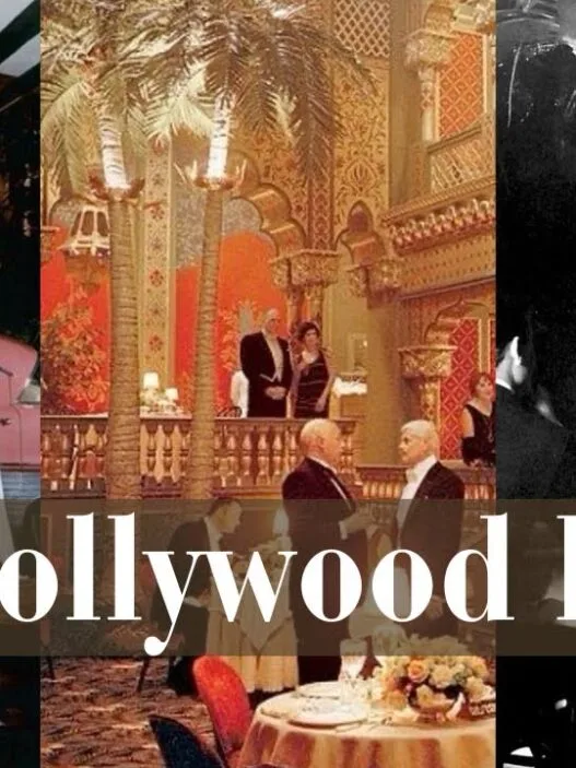 Collage of vintage Old Hollywood hotel scenes with glamorous guests, ornate interiors and nightlife