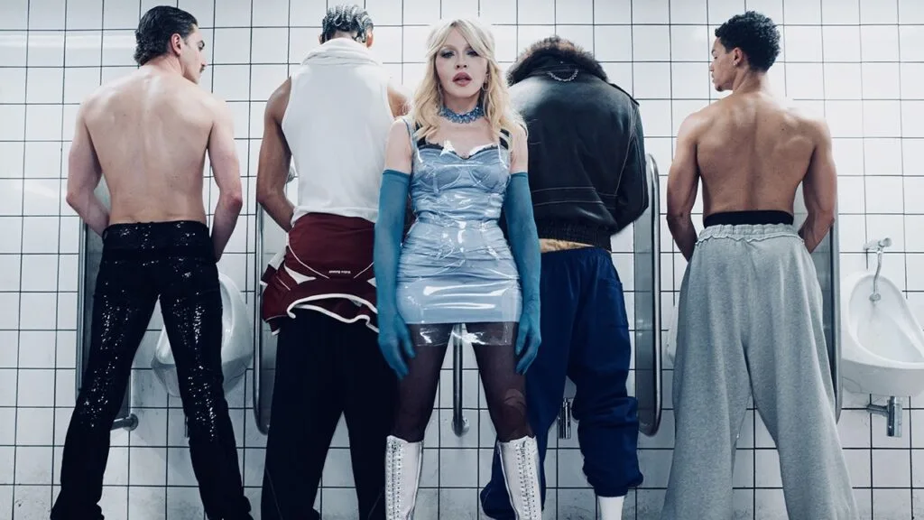 Madonna surrounded by the eclectic cast filming the Danceteria sequence for Confessions II: The Film
