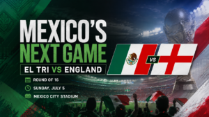 FIFA World Cup 2026 graphic for Mexico’s next game against England in the Round of 16 at Mexico City Stadium
