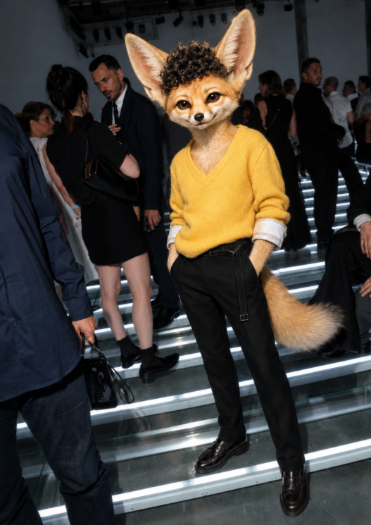 Noah Jupe reimagined as a curly-haired fennec fox wearing a yellow sweater and black trousers at a menswear fashion show.
