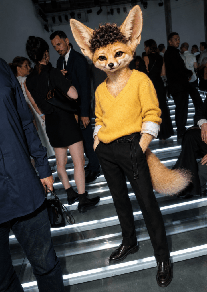 Noah Jupe reimagined as a curly-haired fennec fox wearing a yellow sweater and black trousers at a menswear fashion show.