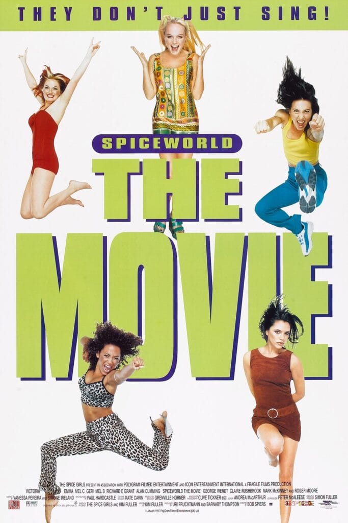The theatrical poster artwork for Spice World featuring the Spice Girls jumping together.