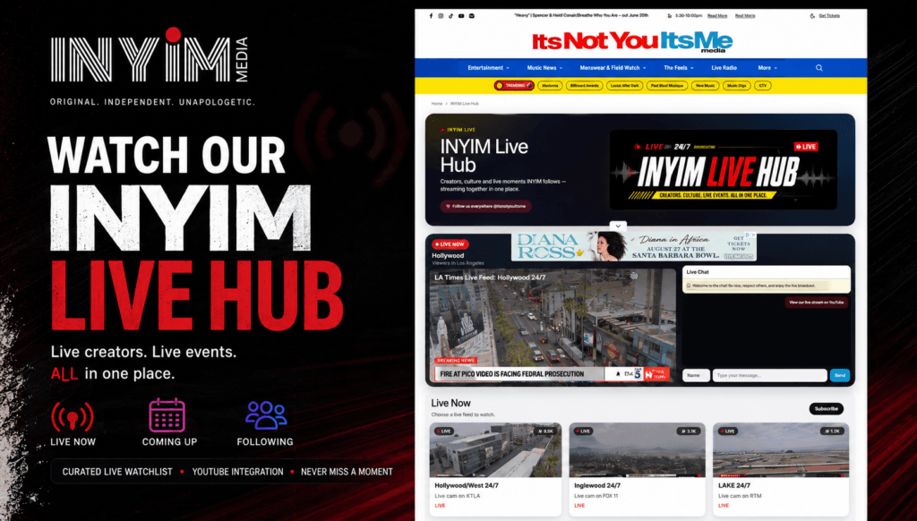 Watch Our INYIM Live Hub promotional header featuring the live website feed, chat, Live Now streams and upcoming broadcasts.