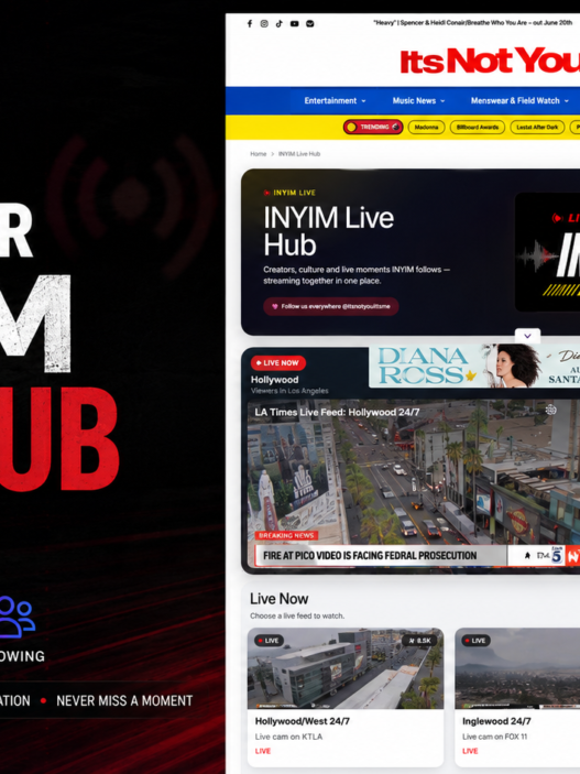 Watch Our INYIM Live Hub promotional header featuring the live website feed, chat, Live Now streams and upcoming broadcasts.
